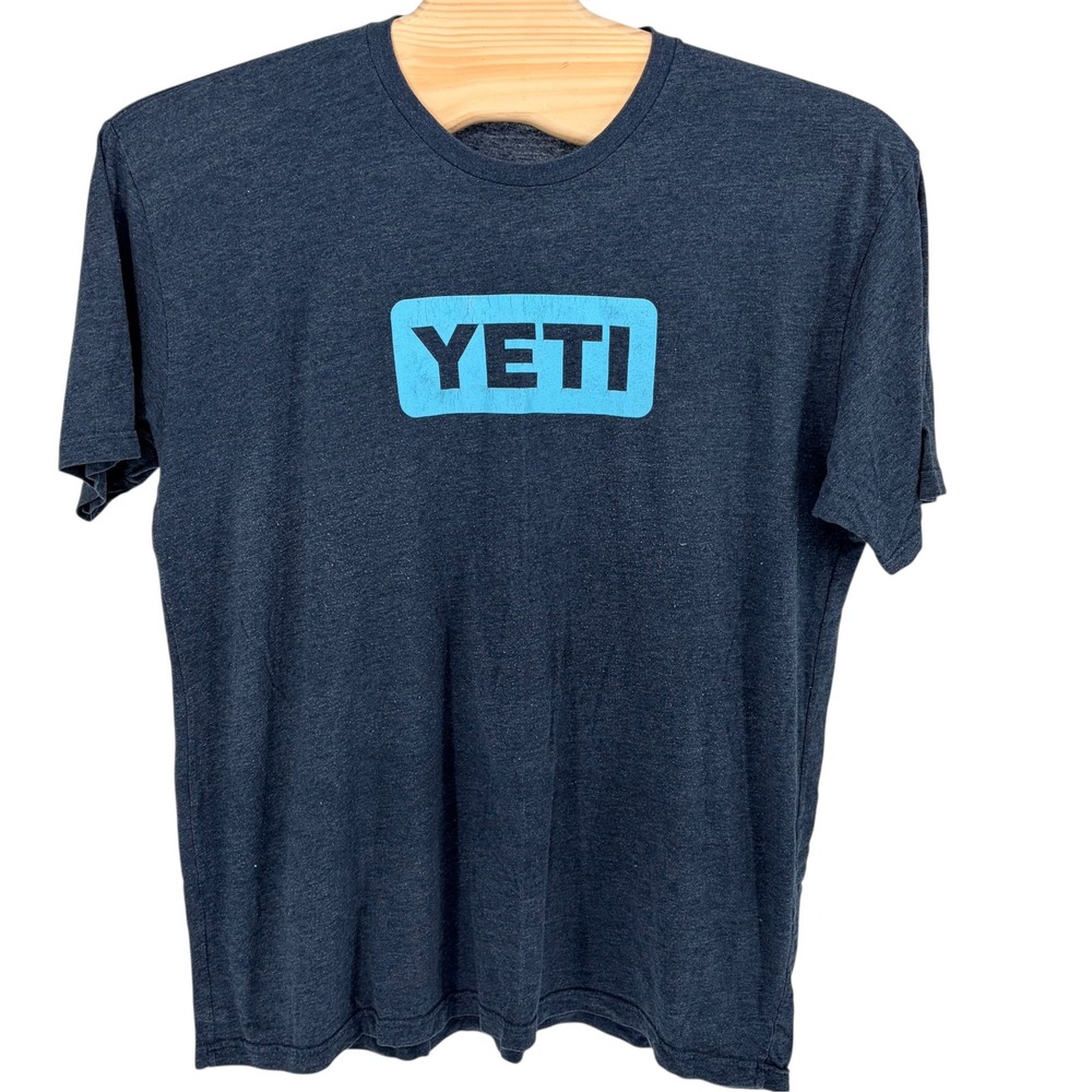 YETI T-Shirt XXL Navy Blue Heather Graphic Box Logo Short Sleeve Crew Neck